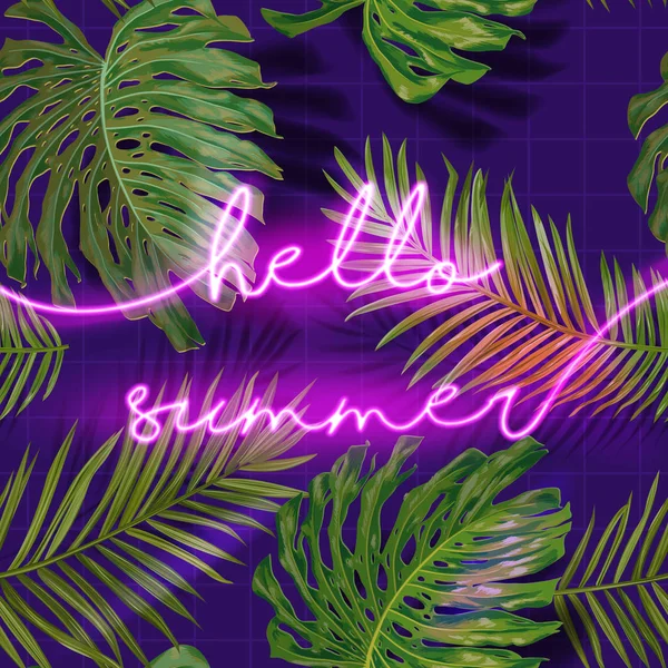 Hello Summer Typography Banner with Palm Leaves. Fondo del cartel de neón de verano. Cartel Tropical Iluminado con Plantas Exóticas para Publicidad. Ilustración vectorial — Vector de stock