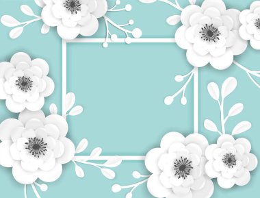 Kağıt Kesme Çiçekler Çerçeve Tebrik Kartı Şablonu. Bahar Banner, Broşür, Afiş için 3d Origami Çiçek Elemanları ile Dekoratif Tasarım. Düğün Trendy Arka Plan. Vektör çizimi