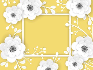 Kağıt Kesme Çiçekler Çerçeve Tebrik Kartı Şablonu. Bahar Banner, Broşür, Afiş için 3d Origami Çiçek Elemanları ile Dekoratif Tasarım. Düğün Trendy Arka Plan. Vektör çizimi