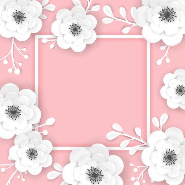 Kağıt Kesme Çiçekler Çerçeve Tebrik Kartı Şablonu. Bahar Banner, Broşür, Afiş için 3d Origami Çiçek Elemanları ile Dekoratif Tasarım. Düğün Trendy Arka Plan. Vektör çizimi