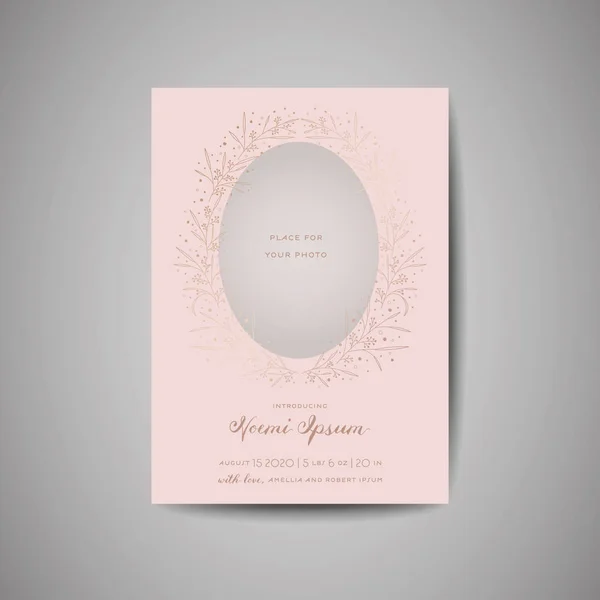 Carte de voeux pour nouveau-né avec éléments floraux. Modèle de douche pour bébé Cadre photo avec fleurs. Invitation de mariage Enregistrez la carte de date avec couronne, feuilles. Illustration vectorielle — Image vectorielle