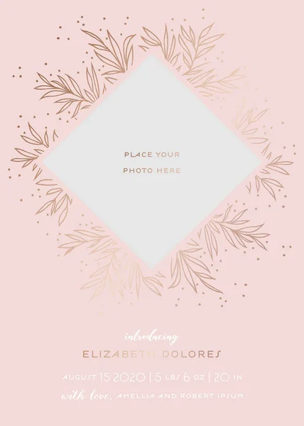 Carte de voeux Baby Shower avec cadre floral. Modèle d'invitation de fête d'enfant nouveau-né avec place pour la photo de bébé et les fleurs dorées. Mariage, Enregistrer la carte de date. Illustration vectorielle — Image vectorielle