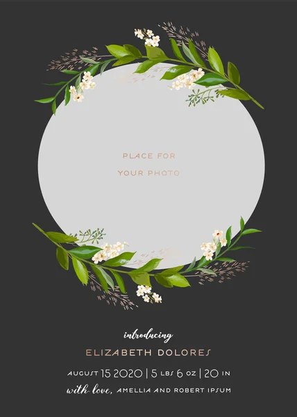 Carte de vœux Baby Born avec éléments floraux. Modèle de douche pour bébé Cadre photo avec fleurs. Nouveau-né, invitation de mariage Enregistrez la carte de date avec couronne, feuilles. Illustration vectorielle — Image vectorielle