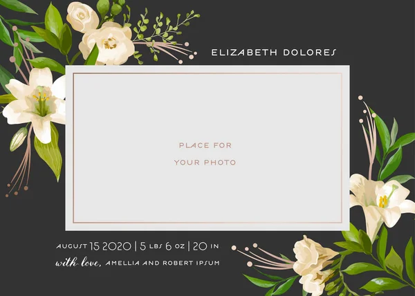 Carte de vœux Baby Born avec éléments floraux. Modèle de douche pour bébé Cadre photo avec fleurs de lys. Nouveau-né, invitation de mariage Enregistrez la carte de date avec couronne, feuilles. Illustration vectorielle — Image vectorielle