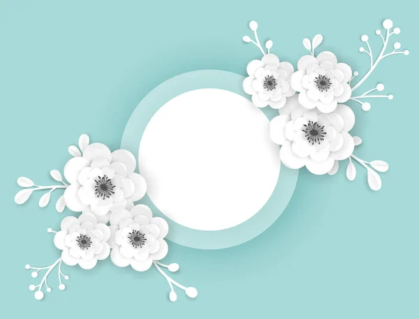 Modelo de cartão de saudação de quadro de flores cortadas em papel. Design decorativo com elementos florais de Origami 3D para banner de primavera, folheto, pôster. Casamento na moda fundo. Ilustração vetorial —  Vetores de Stock