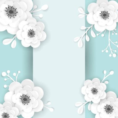 Kağıt Kesme Çiçekler Çerçeve Tebrik Kartı Şablonu. İlkbahar Banner için 3d Origami Çiçek Elemanları ile Dekoratif Tasarım, Yaz Satış Broşür, Poster. Düğün Trendy Arka Plan. Vektör çizimi