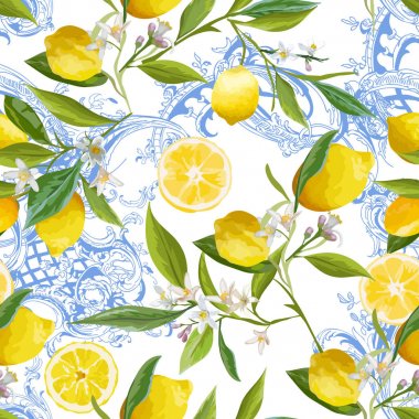 Sarı Limon Meyveleri ile vintage barocco tasarımı ile Dikişsiz Desen, Çiçek li Çiçek Arka Plan, Yapraklar, Duvar Kağıdı için Limon, Kumaş, Baskı. Vektör çizimi