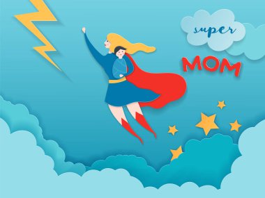 Kağıt Kesme Stilinde Anneler Günü Tebrik Kartı. Mother Day Banner, Poster, Arka Plan için Kırmızı Cape Tasarım Süper Anne Karakter. Vektör çizimi
