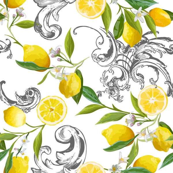 Bezszwowe wzór z rocznika Barocco projekt z żółtym owoców cytryny, kwiatowy tło z kwiatami, liści, cytryny dla Tapety, tkaniny, Drukuj. Ilustracja wektorowa — Wektor stockowy