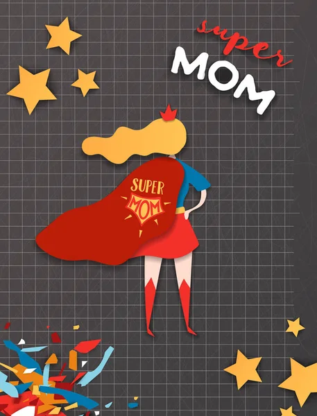 Поздравительная открытка на День матери в стиле комиксов. Персонаж "Супер мама" в дизайне красного мыса для знамени Дня матери, плаката, фона. Векторная иллюстрация — стоковый вектор
