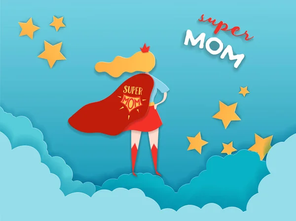 Biglietto d'auguri per la festa della mamma in stile Paper Cut. Super Mom Carattere in Red Cape Design per la Festa della Mamma Banner, Poster, sfondo. Illustrazione vettoriale — Vettoriale Stock