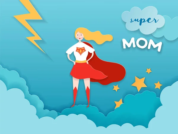 Поздравительная открытка на День Матери в стиле бумажной вырезки. Персонаж Супермама в дизайне Красного Мыса для Знамени Дня Матери, Плаката, Фона. Векторная иллюстрация — стоковый вектор