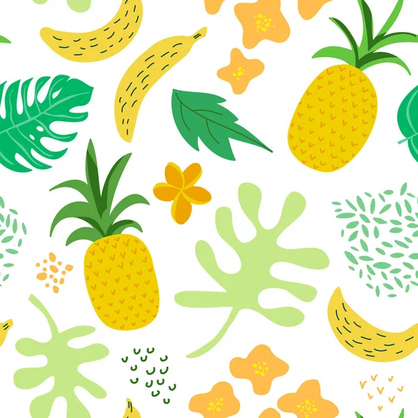 Fiori tropicali e foglie modello. Ananas retrò senza cuciture Trendy sfondo stile Memphis. Summer Jungle Nature Design. Illustrazione vettoriale — Vettoriale Stock