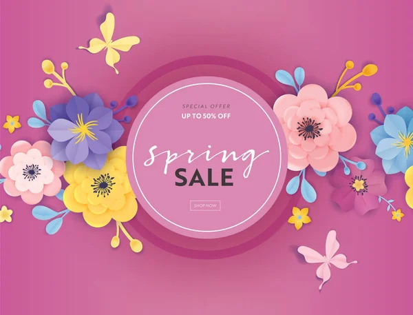 Banner in Offerta Speciale Primavera con Fiori Tagliati Carta. Floral Design Promozione stagionale Volantino sconto, Brochure, Voucher Shopping. Illustrazione vettoriale — Vettoriale Stock