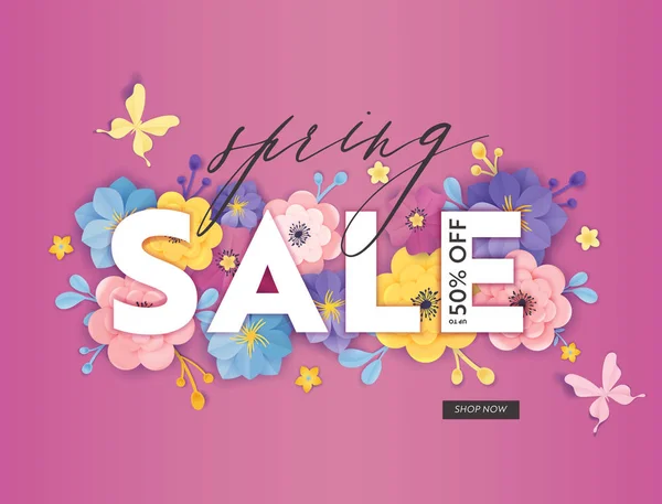 Lente verkoop speciale aanbieding banner met papier snijbloemen. Floral design seizoensgebonden promotie korting flyer, brochure, shopping voucher. Vector illustratie — Stockvector