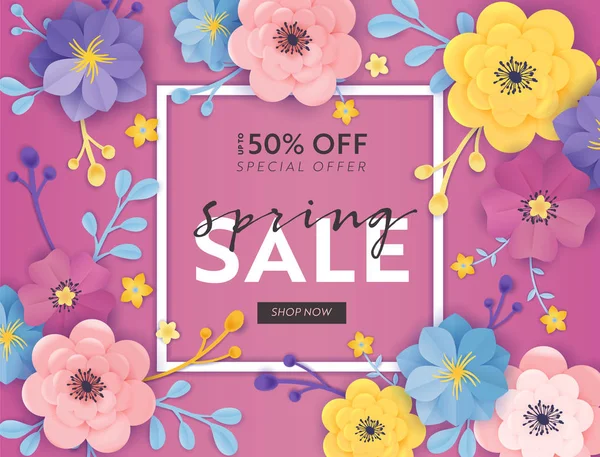 Lente verkoop speciale aanbieding banner met papier snijbloemen. Floral design seizoensgebonden promotie korting flyer, brochure, shopping voucher. Vector illustratie — Stockvector