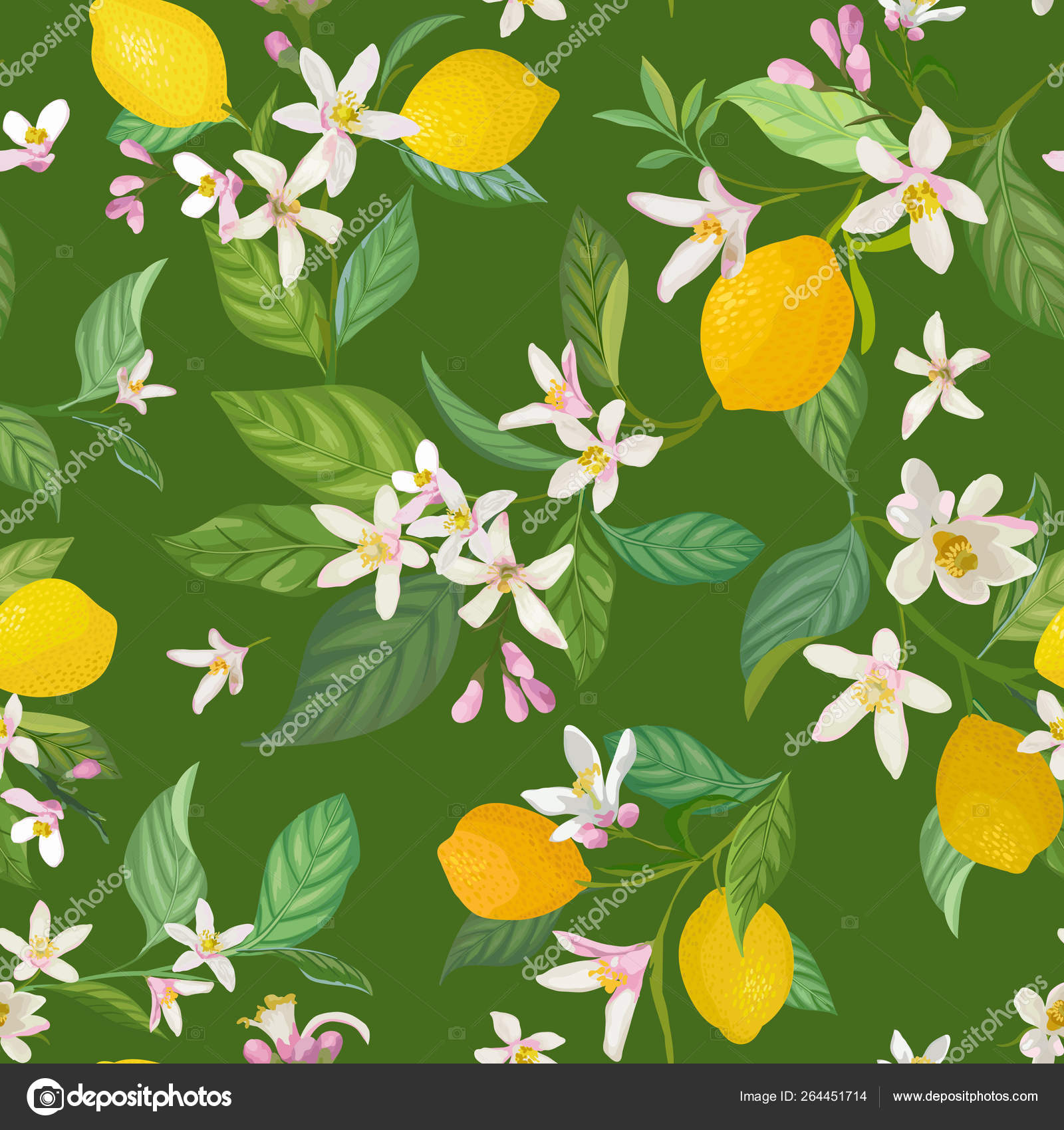 熱帯の果物 葉 花の背景とシームレスなレモンパターン 夏の