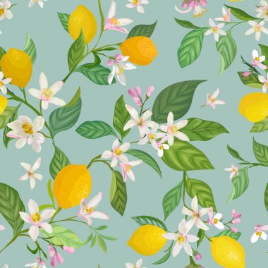Kusursuz limon desenli tropik meyveler, yapraklar, çiçek arkaplanı. Yaz romantik kapağı, tropikal duvar kağıdı, klasik doku için suluboya resim çizimi