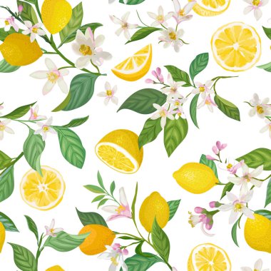 Kusursuz limon desenli tropik meyveler, yapraklar, çiçek arkaplanı. Yaz romantik kapağı, tropikal duvar kağıdı, klasik doku için suluboya resim çizimi