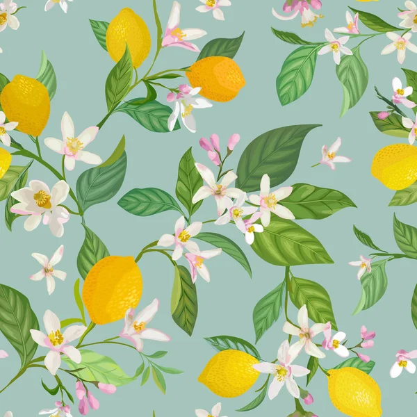 Nahtloses Zitronenmuster mit tropischen Früchten, Blättern, Blumen Hintergrund. Handgezeichnete Vektorillustration im Aquarell-Stil für sommerromantischen Einband, Tropentapete, Vintage-Textur — Stockvektor