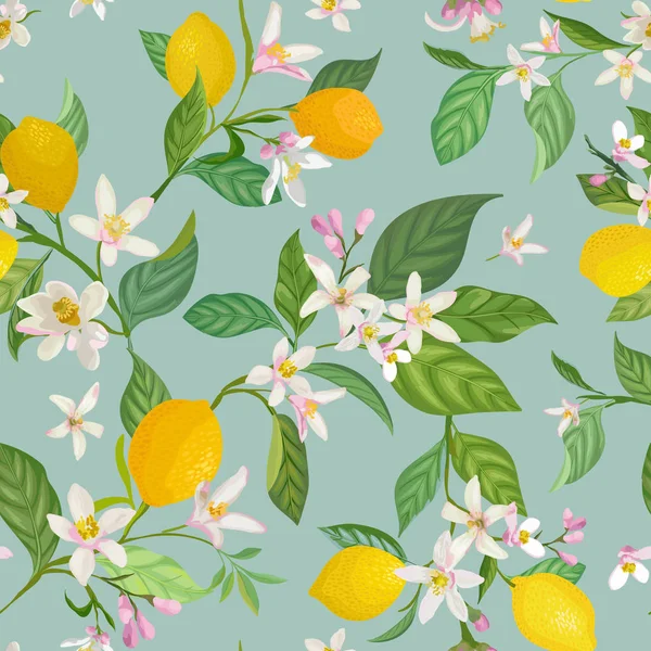 Motif citron sans couture avec fruits tropiques, feuilles, fond de fleurs. Illustration vectorielle dessinée à la main dans un style aquarelle pour couverture romantique d'été, papier peint tropical, texture vintage — Image vectorielle