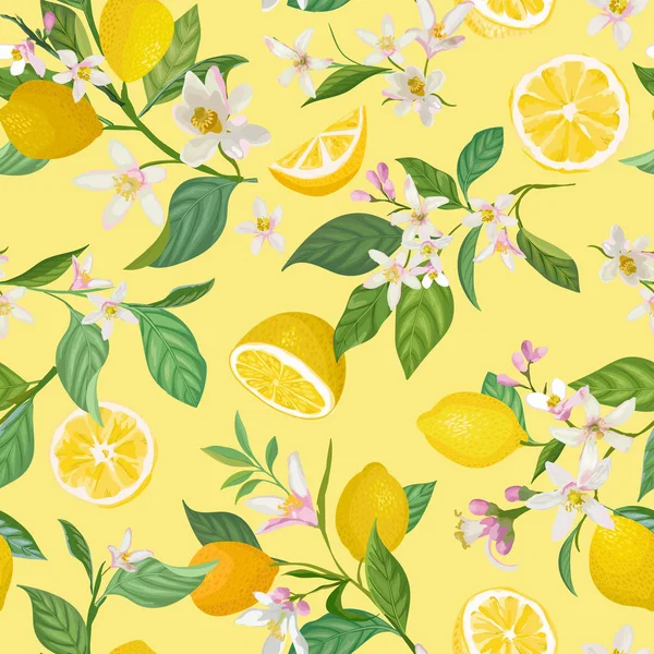 Бесшовный лимон с тропическими фруктами, листьями, цветами на заднем плане. Векторная иллюстрация в стиле акварели для летней романтической обложки, тропические обои, винтажная текстура — стоковый вектор