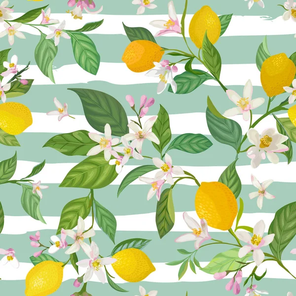 Patrón de limón sin costura con frutas tropicales, hojas, flores de fondo. Ilustración vectorial dibujada a mano en estilo acuarela para cubierta romántica de verano, fondo de pantalla tropical, textura vintage — Archivo Imágenes Vectoriales