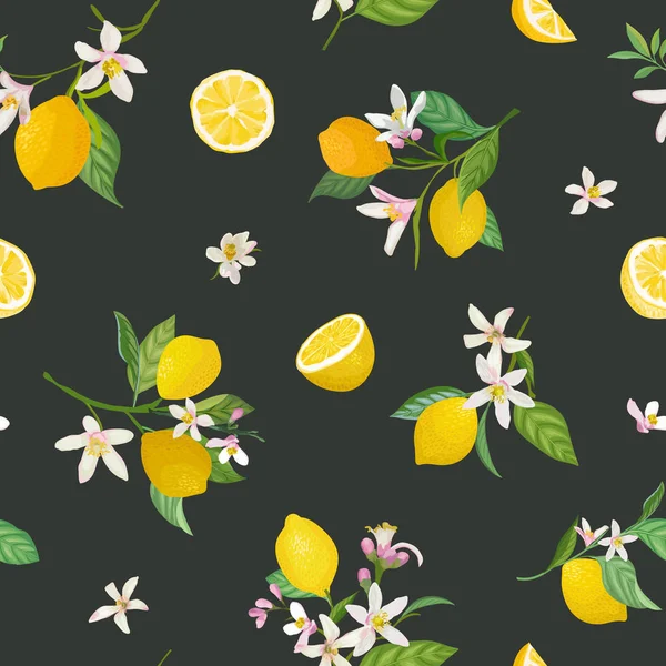 Nahtloses Zitronenmuster mit tropischen Früchten, Blättern, Blumen Hintergrund. Handgezeichnete Vektorillustration im Aquarell-Stil für sommerromantischen Einband, Tropentapete, Vintage-Textur — Stockvektor
