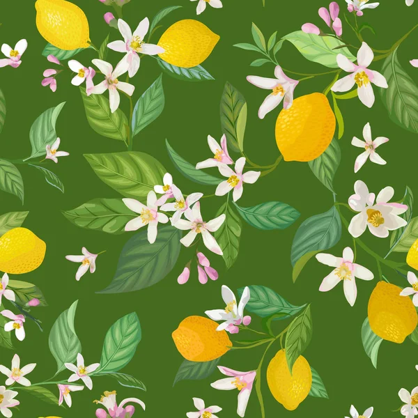 Naadloze citroen patroon met tropisch fruit, bladeren, bloemen achtergrond. Handgetekende vectorillustratie in aquarelstijl voor romantische zomerhoes, tropisch behang, vintage textuur — Stockvector