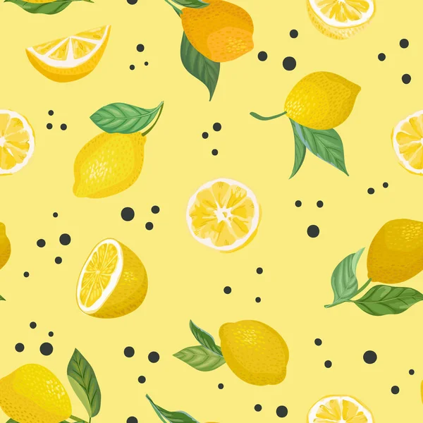 Nahtlose Fruchtmuster mit Zitronen, Blättern, Blumen Hintergrund. Handgezeichnete Vektorillustration im Aquarell-Stil — Stockvektor