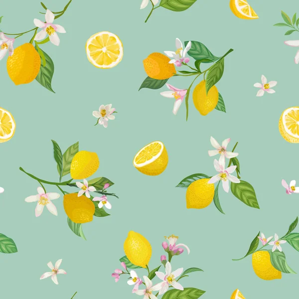 Naadloze citroen patroon met tropisch fruit, bladeren, bloemen achtergrond. Handgetekende vectorillustratie in aquarelstijl voor romantische zomerhoes, tropisch behang, vintage textuur — Stockvector