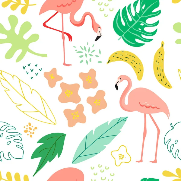 Primavera e verão sem costura fundo com flamingo, plantas tropicais, folhas, flores para padrão, banner, cartão de saudação, cartaz, capa. Ilustração vetorial —  Vetores de Stock