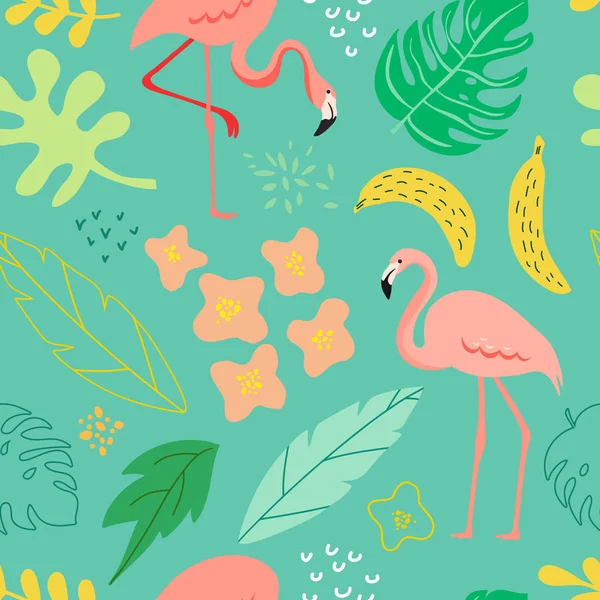 Flamingo, tropikal bitkiler, yapraklar, desen, afiş, tebrik kartı, poster, kapak için çiçekler ile Bahar ve yaz sorunsuz arka plan. Vektör İllüstrasyonu — Stok Vektör