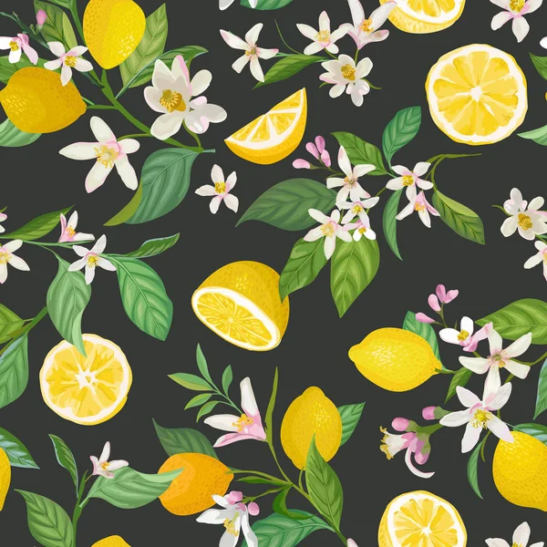 Naadloze citroen patroon met tropisch fruit, bladeren, bloemen achtergrond. Handgetekende vectorillustratie in aquarelstijl voor romantische zomerhoes, tropisch behang, vintage textuur — Stockvector