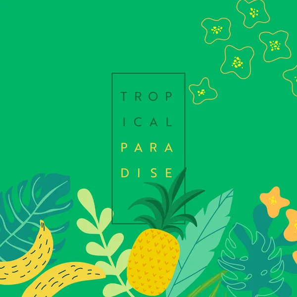 Conjunto vectorial de banner tropical abstracto con lugar para texto, fondos vibrantes brillantes de verano, carteles, plantillas de diseño de portada, historias de redes sociales, fondos de pantalla con hojas de primavera, flores de piñas — Vector de stock