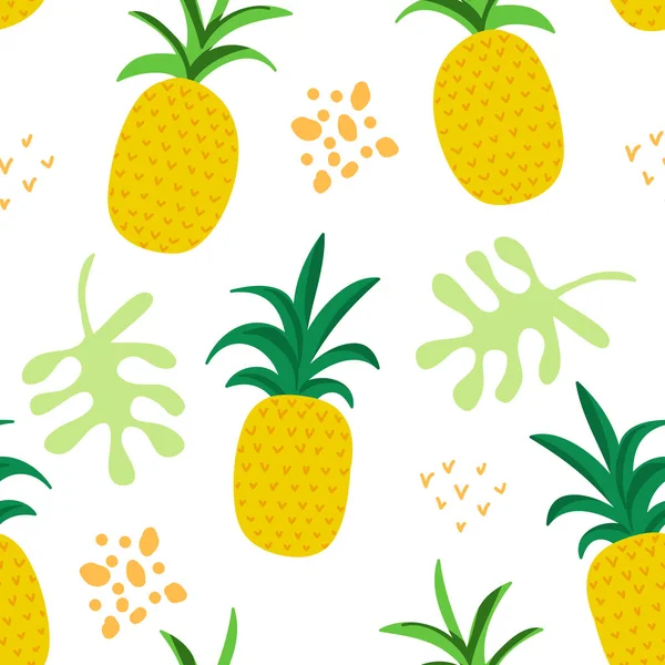 Tropical Flowers and Leaves Pattern, Exotic Summer Cover, Pineapples Seamless Retro Background in Vector — Stock Vector