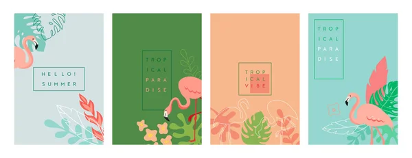 Vector set van abstracte tropische achtergronden met plaats voor tekst, zomer Bright levendige banners, posters, cover ontwerpsjablonen, sociale media verhalen, Wallpapers met lente bladeren, ananas bloemen — Stockvector