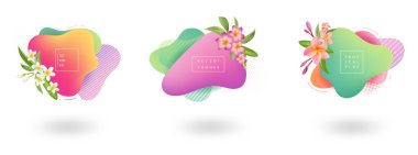 Yaz banner şablonu kümesi. Çiçekler, tropik sıvı kabarcık, kart, broşür, mevsimlik tasarım için promosyon rozeti ile Tropikal sıvı geometrik şekil arka plan. Vektör çizimi