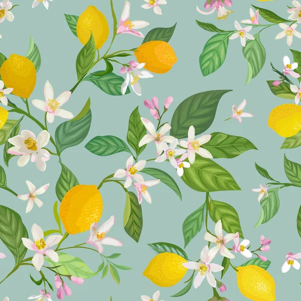 빛 이 없는 레몬의 무늬에 열 대 과일, 나뭇잎, 꽃 배경 이 있습니다. 여름 낭만적 인 표지를 위한 수채화에 손으로 그린 벡터 삽화, 열 대 벽지, 빈티지 질감 — 스톡 벡터