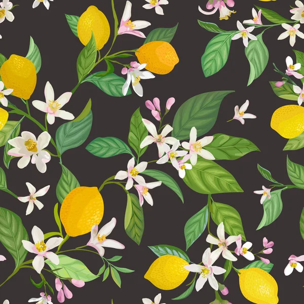 Naadloze citroen patroon met tropisch fruit, bladeren, bloemen achtergrond. Handgetekende vectorillustratie in aquarelstijl voor romantische zomerhoes, tropisch behang, vintage textuur — Stockvector