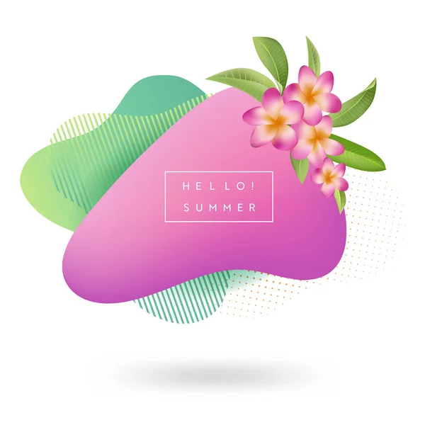 Zomer banner sjabloon. Tropische vloeibare geometrische vorm achtergrond met bloemen, Tropic vloeistof Bubble, kaart, brochure, Promo Badge voor uw seizoensgebonden ontwerp. Vector illustratie — Stockvector