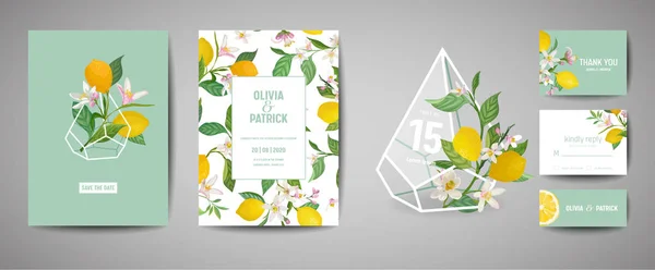 Set of Botanical wedding invitation card, vintage Save the Date, template design of lemons fruit flowers and leaves, blossom illustration. Vector trendy cover, graphic poster, brochure — Stock Vector