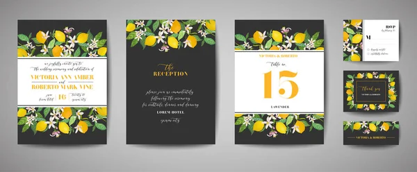 Conjunto de tarjeta de invitación de boda botánica, vintage Save the Date, diseño de plantilla de limones flores y hojas de frutas, ilustración de flores. Portada de moda vectorial, póster gráfico, folleto — Vector de stock