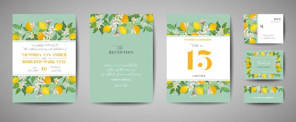 Conjunto de cartão de convite de casamento botânico, vintage Save the Date, design de modelo de flores de frutas de limões e folhas, ilustração flor. Capa da moda vetorial, cartaz gráfico, brochura —  Vetores de Stock