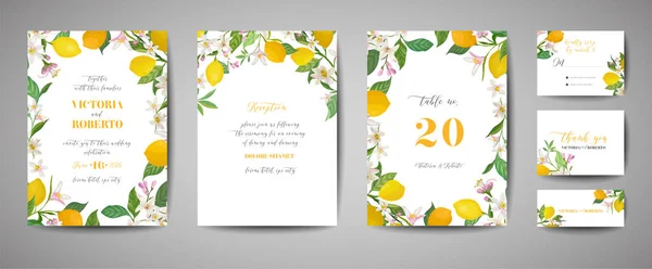Set van botanische bruiloft uitnodigingskaart, vintage opslaan de datum, sjabloonontwerp van citroenen fruit bloemen en bladeren, bloesem illustratie. Vector trendy cover, grafische poster, brochure — Stockvector