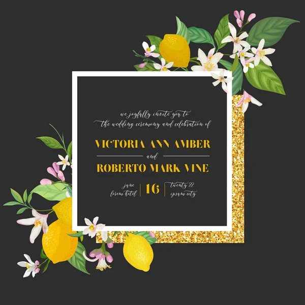 Set of Botanical wedding invitation card, vintage Save the Date, template design of lemons fruit flowers and leaves, blossom illustration. Vector trendy cover, graphic poster, brochure — Stock Vector