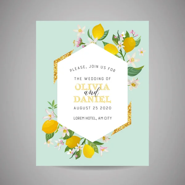 Carte d'invitation de mariage botanique, vintage Save the Date, modèle de fleurs et feuilles de citrons, illustration de fleurs. Couverture vectorielle tendance, affiche graphique, brochure — Image vectorielle