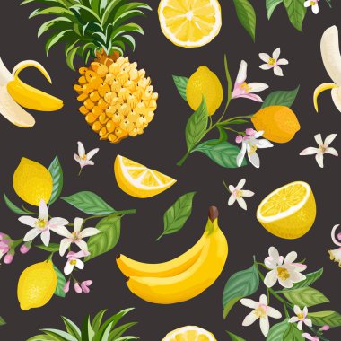 Limon, muz, ananas, meyve, yaprak, çiçek arka plan ile Dikişsiz Tropikal Meyve desen. Yaz romantik kapak için suluboya tarzı el çizilmiş vektör illüstrasyon, tropikal duvar kağıdı