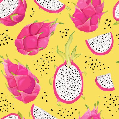 Ejderha meyve, pitaya arka plan ile Dikişsiz desen. Yaz romantik kapak, tropikal duvar kağıdı, vintage doku için suluboya tarzı el çizilmiş vektör illüstrasyon