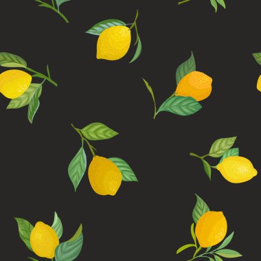Kusursuz limon desenli tropik meyveler, yapraklar, çiçek arkaplanı. Yaz romantik kapağı, tropikal duvar kağıdı, klasik doku için suluboya resim çizimi
